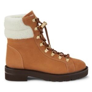Stuart Weitzman Rockie Lift Chill Tan Lace-Up Boots with White Trim 10 B Narrow